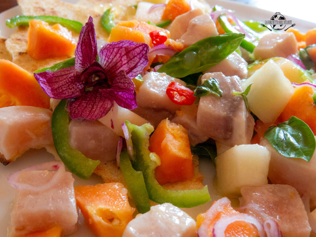 dettaglio Insalata estiva di pesce spada crudo su pane carasau con papaya, peperone verde, cipolla di Tropea e perle di limone.